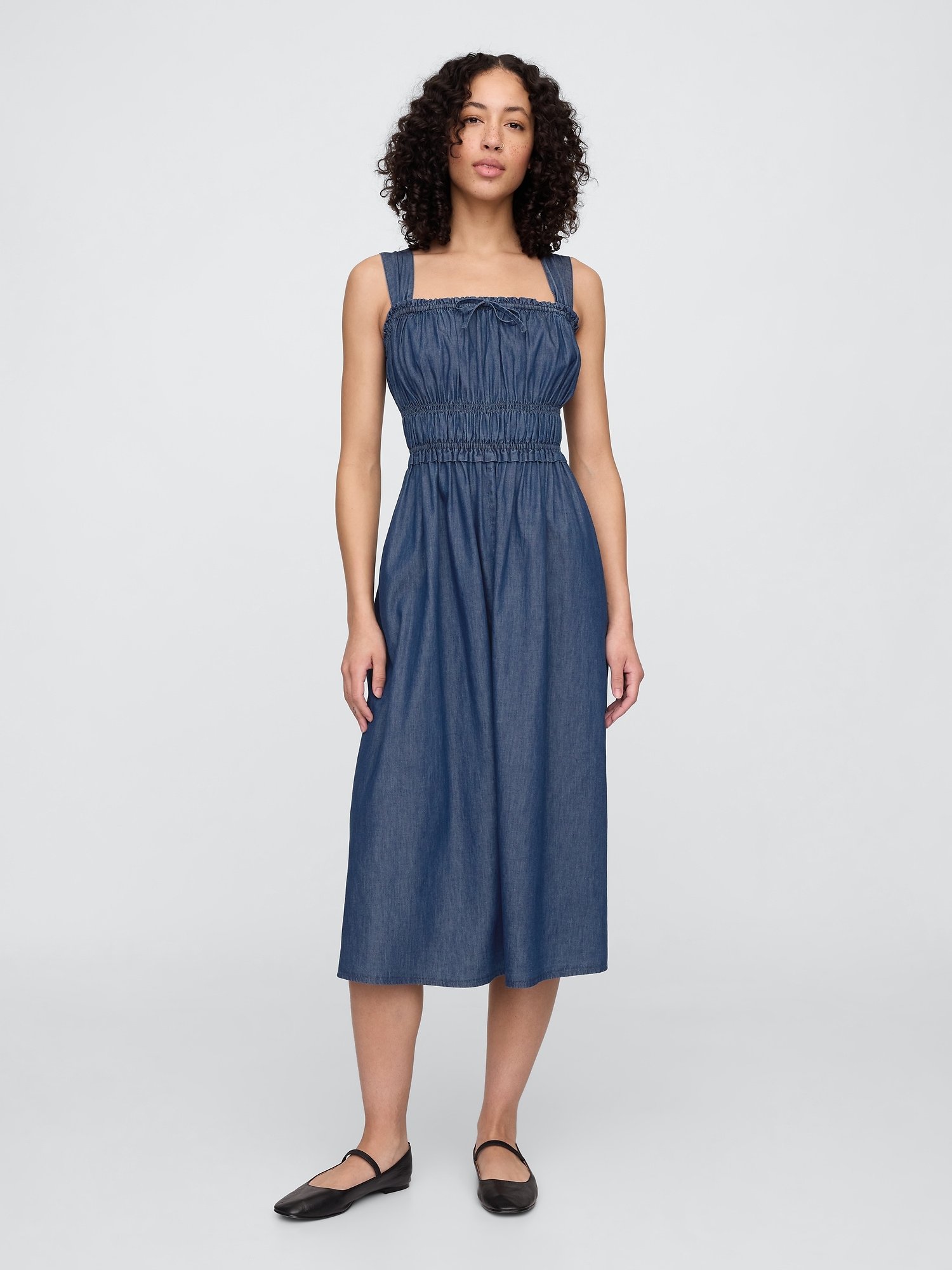 Smocked Denim Midi Dress