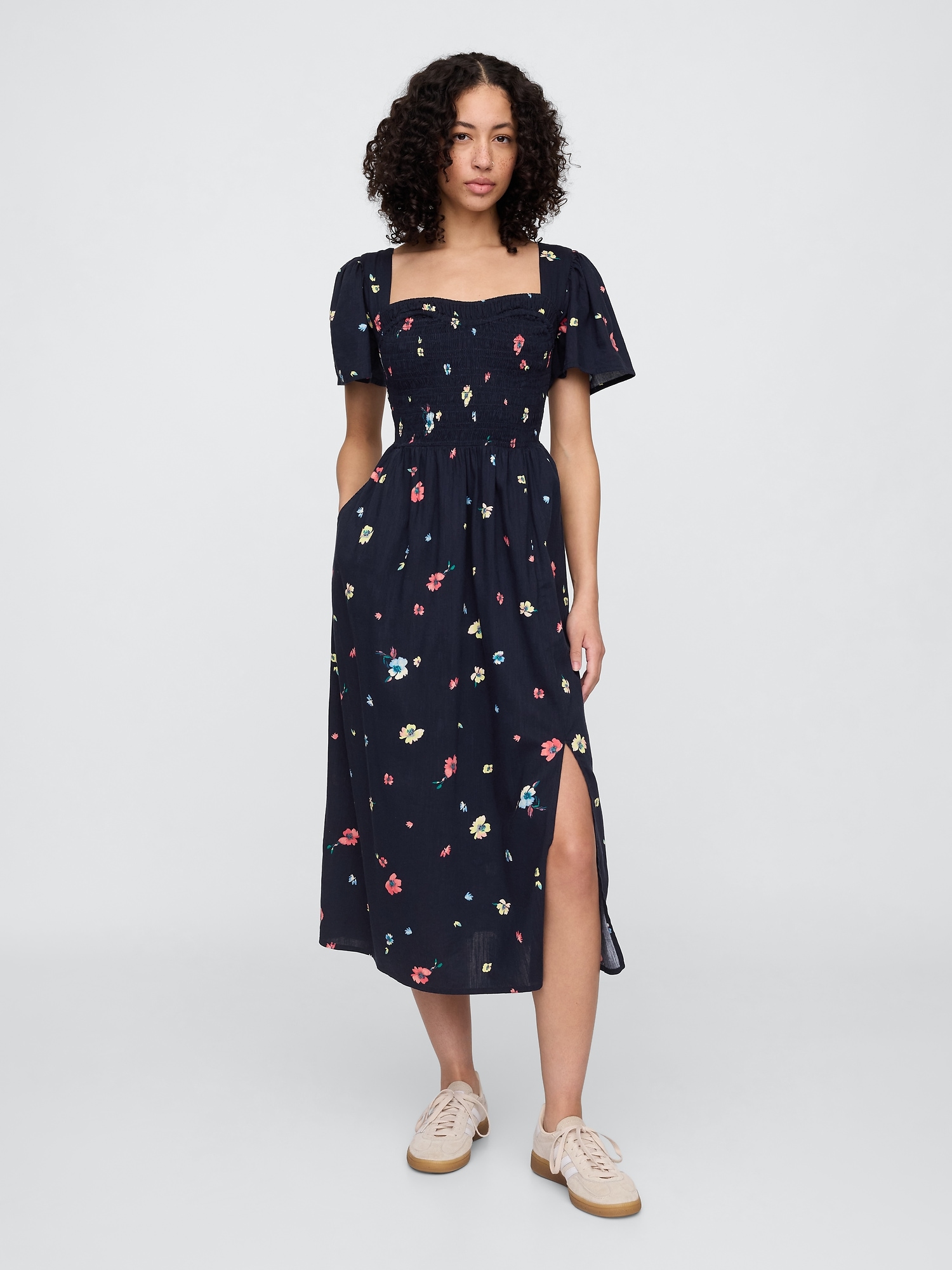 Print Smocked Puff Sleeve Midi Dress