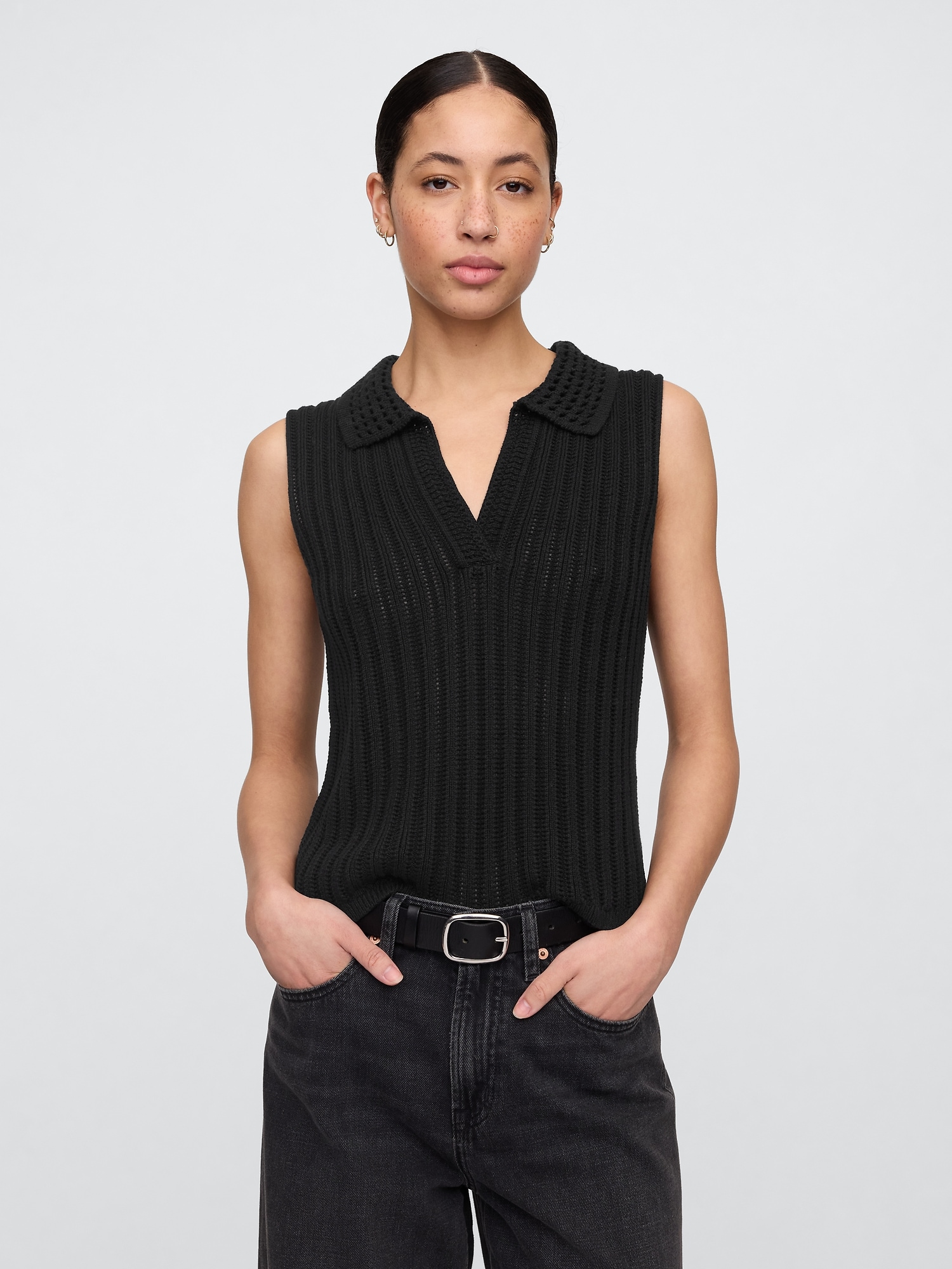 Open-Stitch Collared Sweater Tank Top