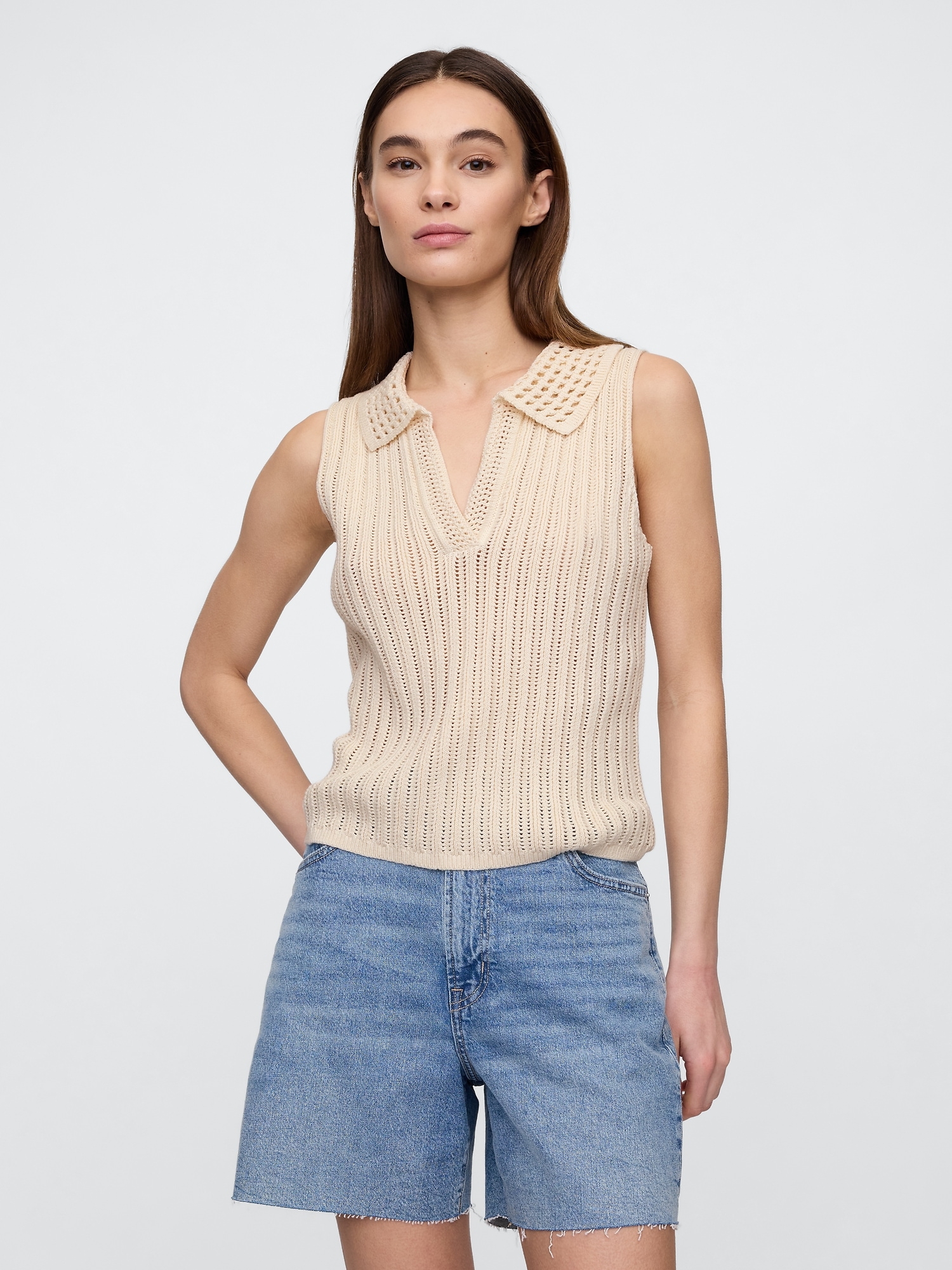 Open-Stitch Collared Sweater Tank Top