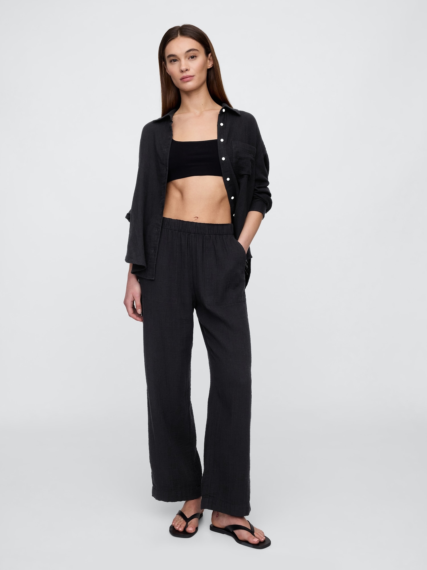 Mid Rise Gauze Pull-On Wide-Leg Pants