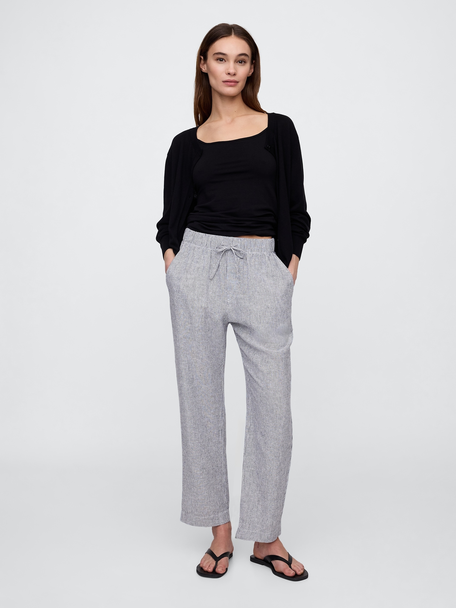 Mid Rise Linen-Blend Stripe Easy Pants