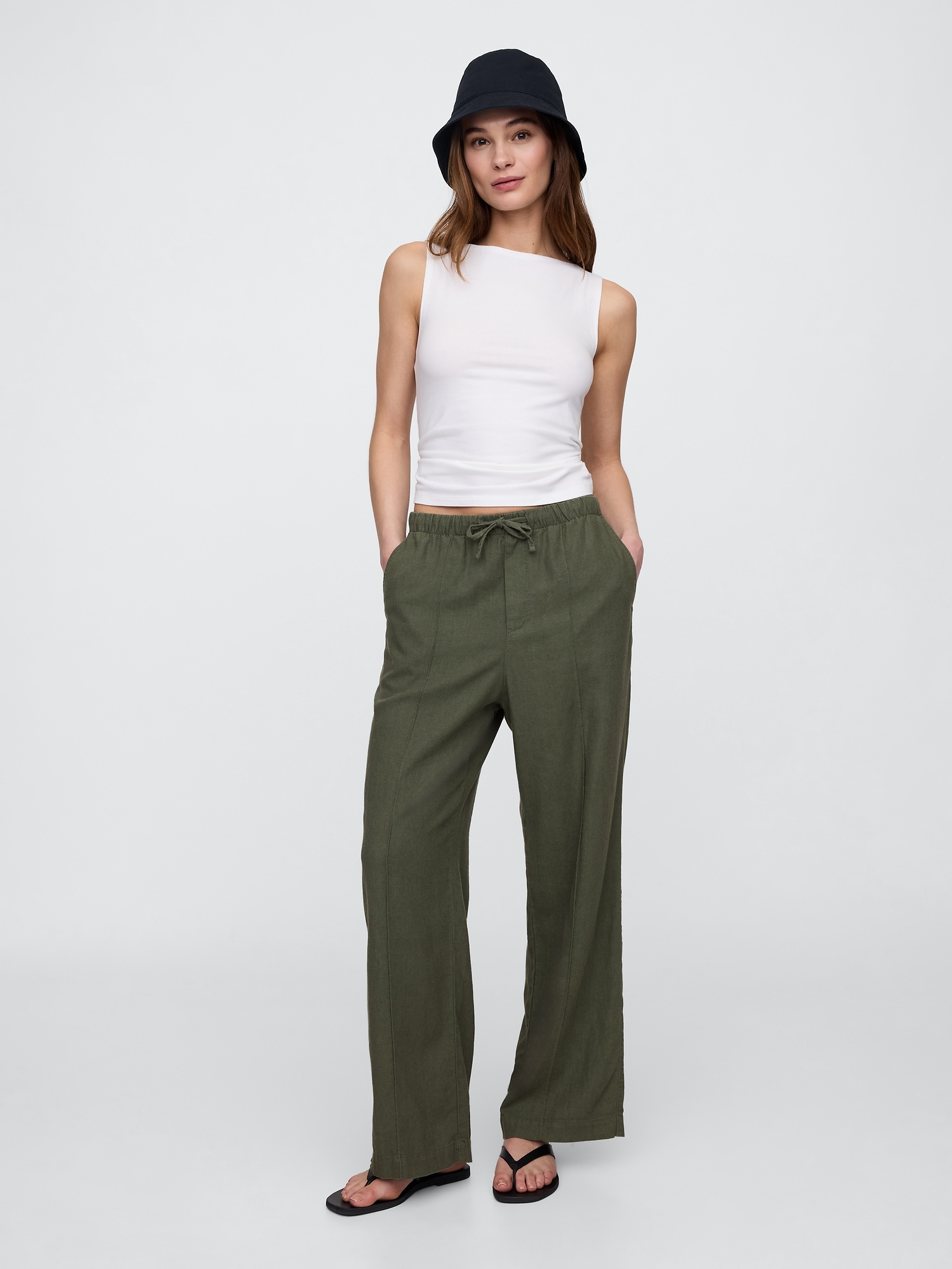 Mid Rise Linen-Blend Pull-On Wide-Leg Pants