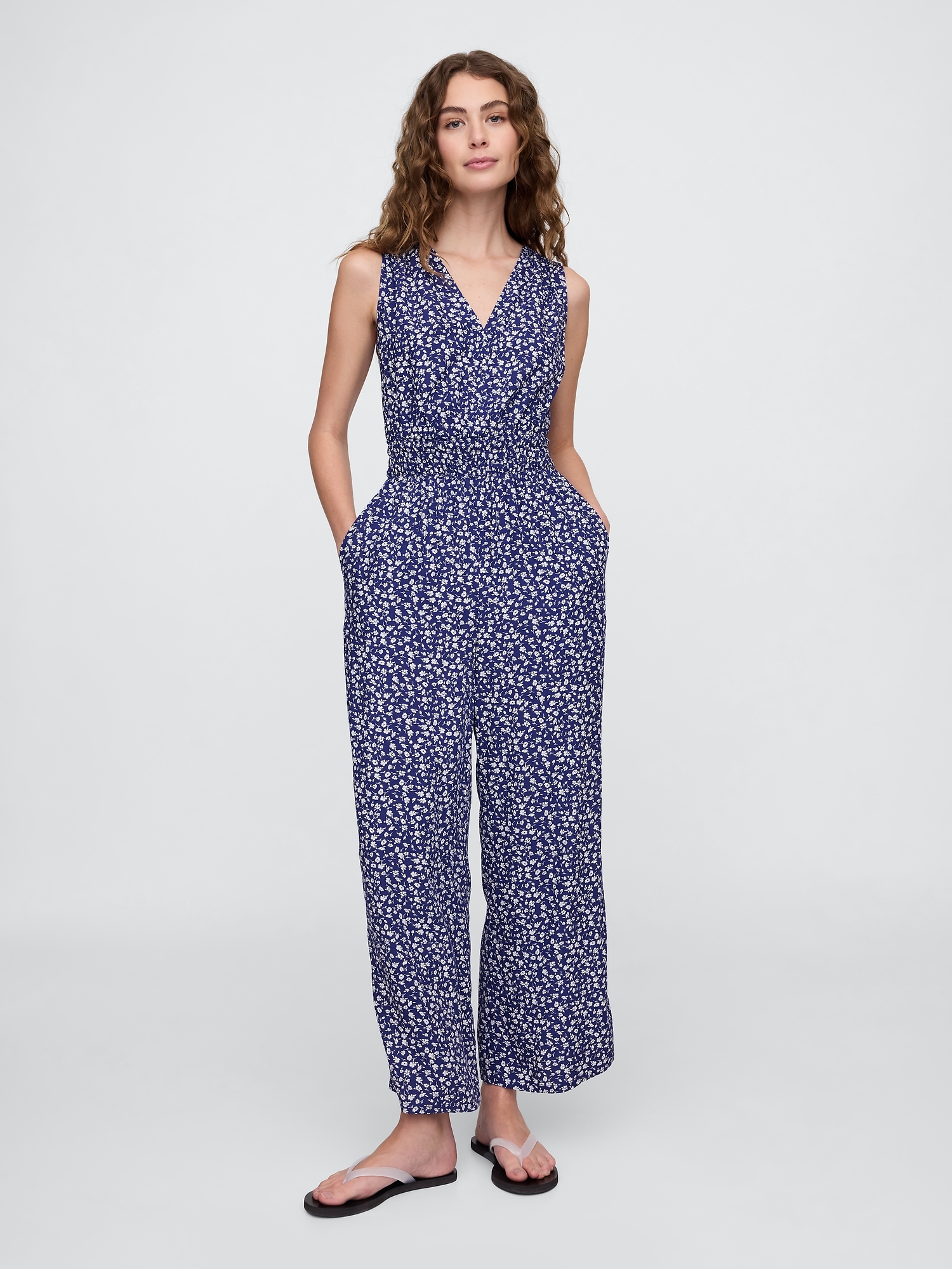 Smocked Wide-Leg V-Neck Jumpsuit - Blue