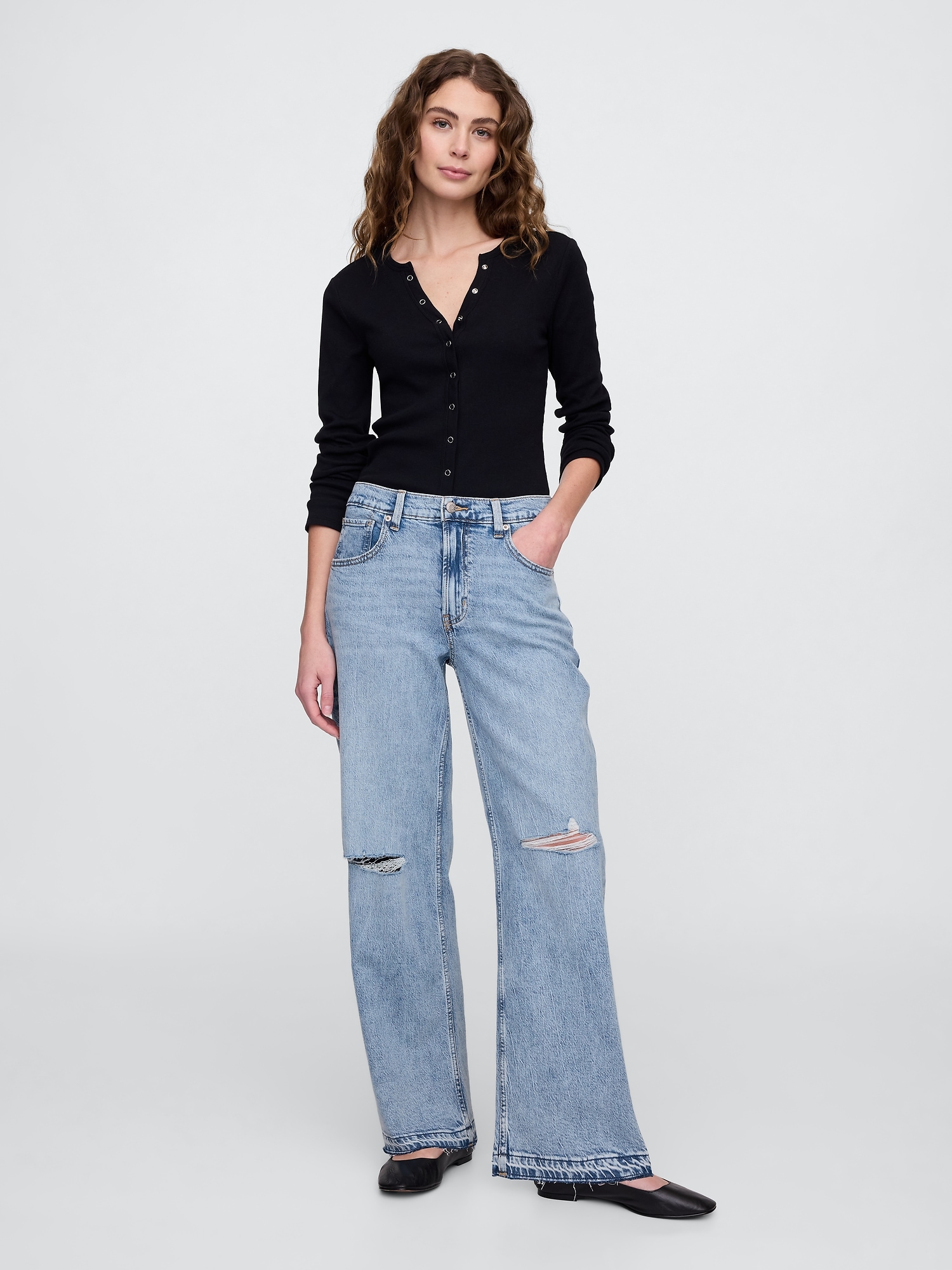 Low Rise Destructed Relaxed Straight Jeans