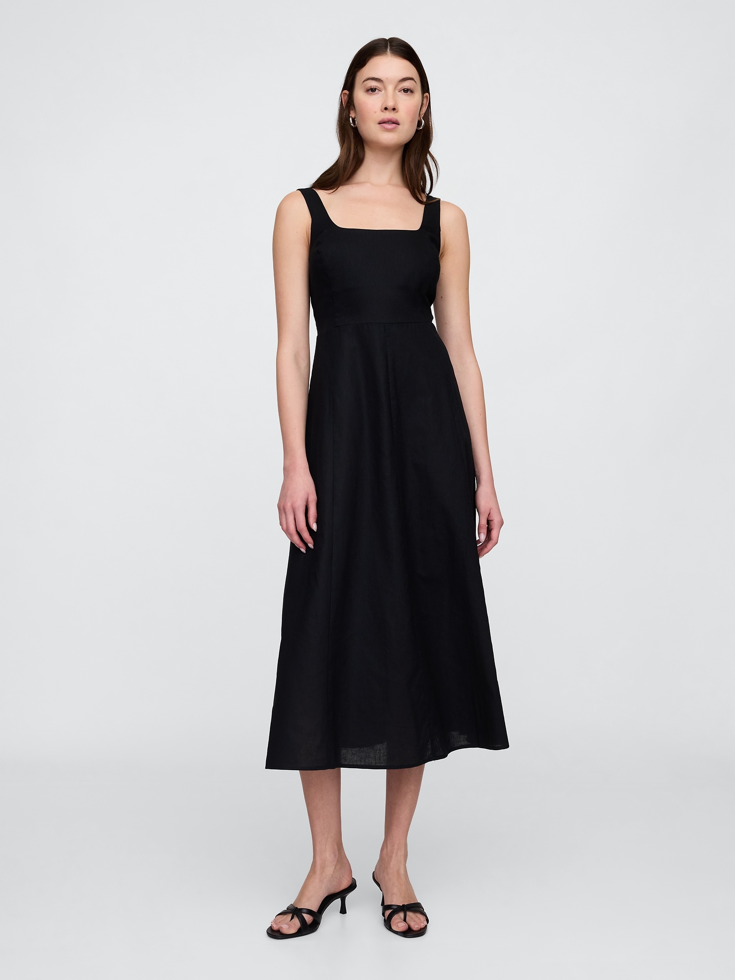 Linen-Blend Squareneck Midi Dress