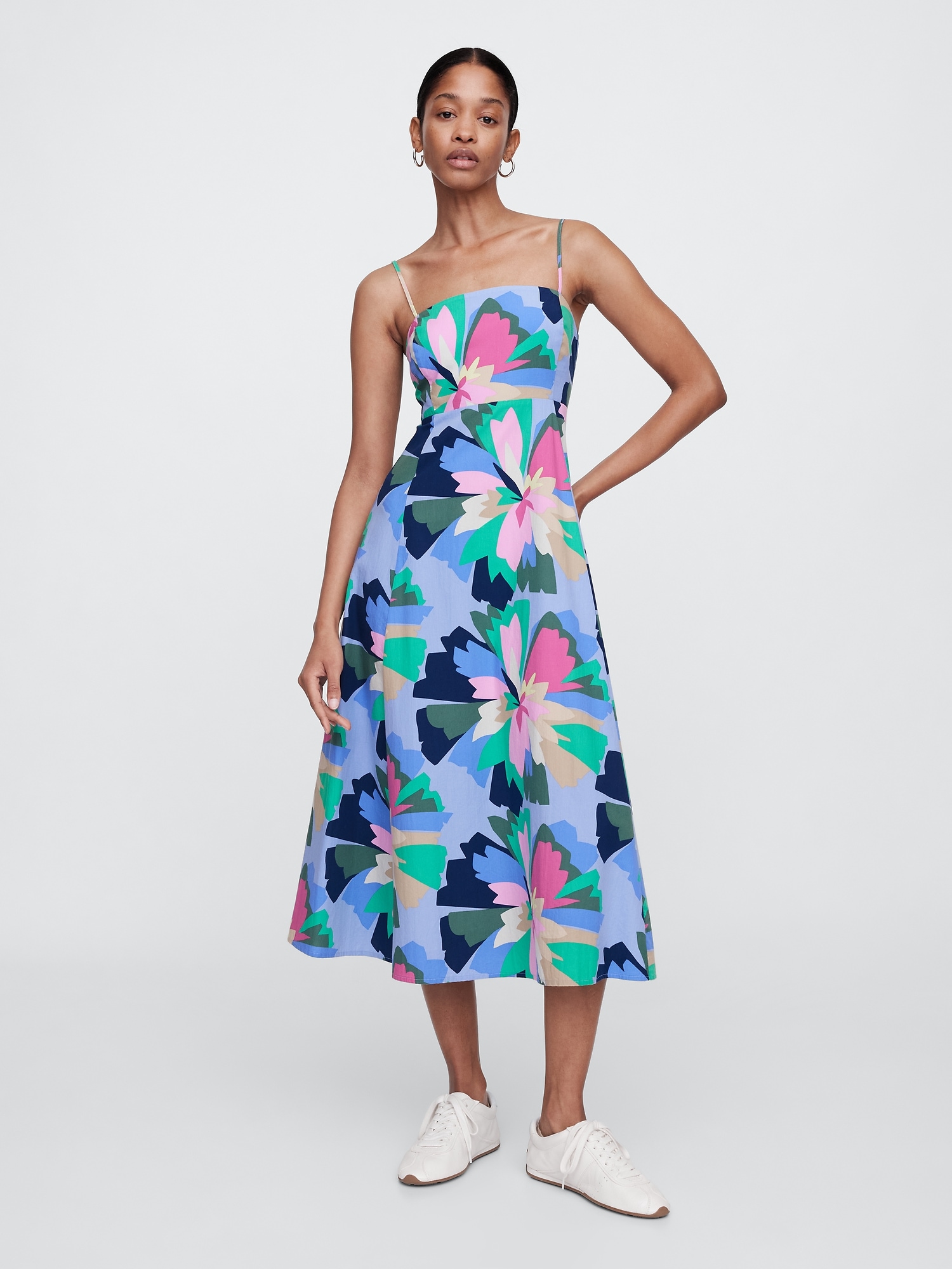 Poplin Print Squareneck Midi Dress