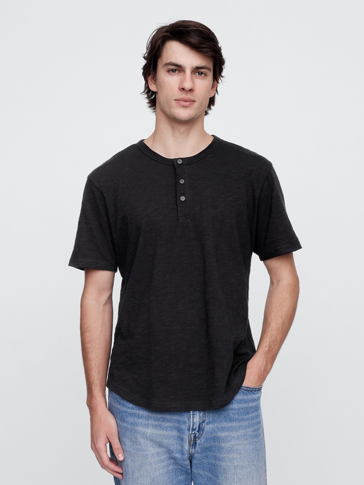 Lived-In Relaxed Curved Hem Henley T-Shirt