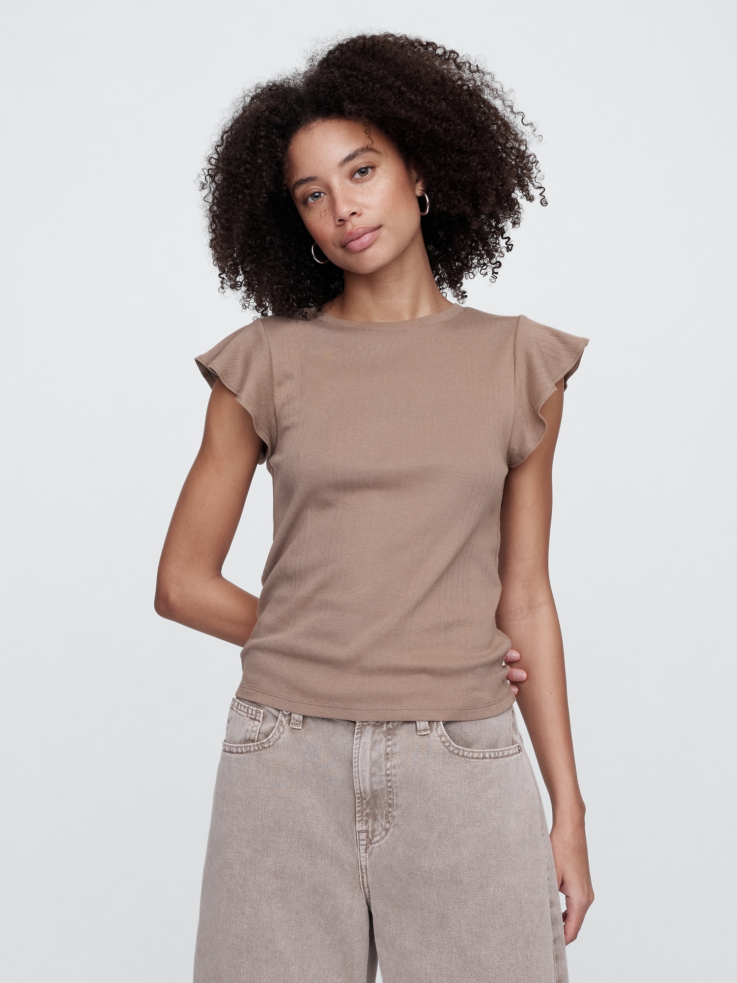 Ribbed Flutter Sleeve T-Shirt