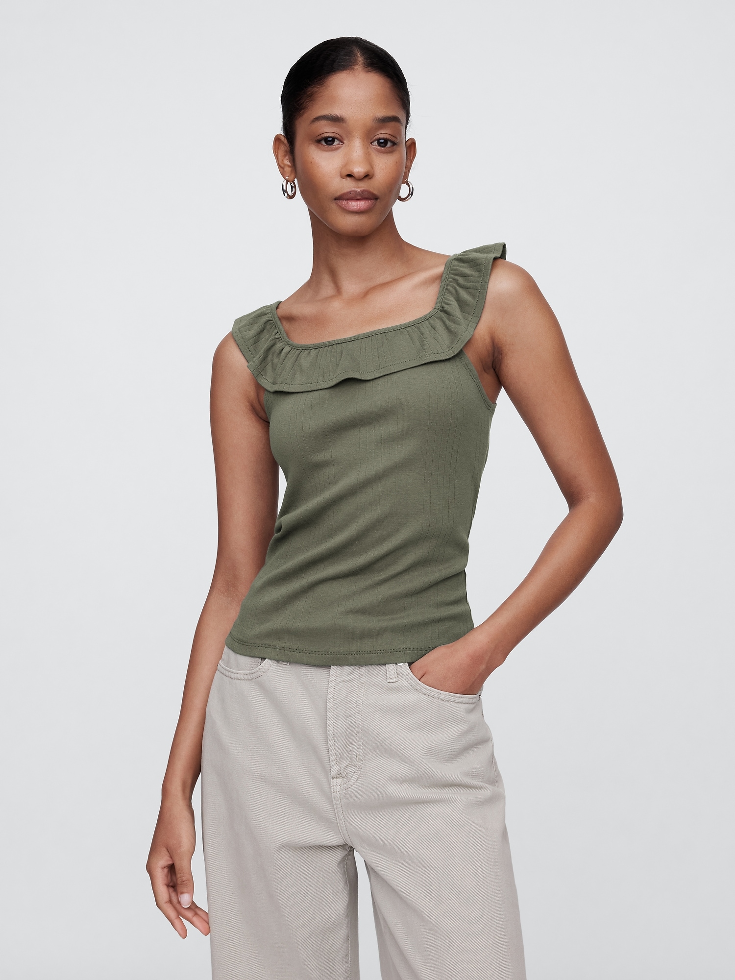 Ribbed Squareneck Ruffle Top